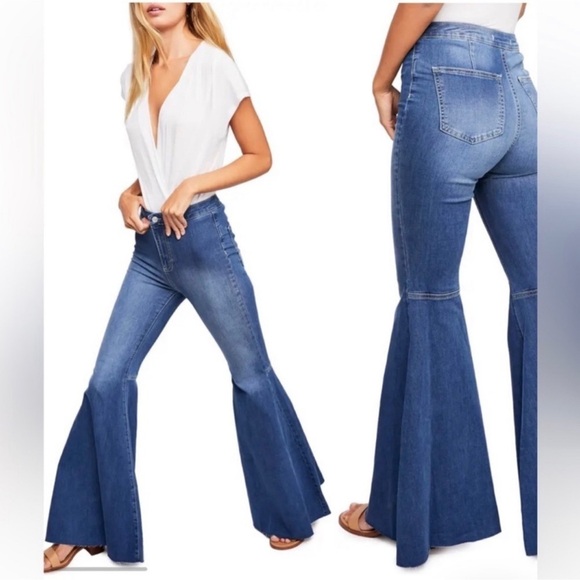 Free People Blue Flare Wide Leg Jeans Size 27 Short High Rise Denim - Picture 12 of 12